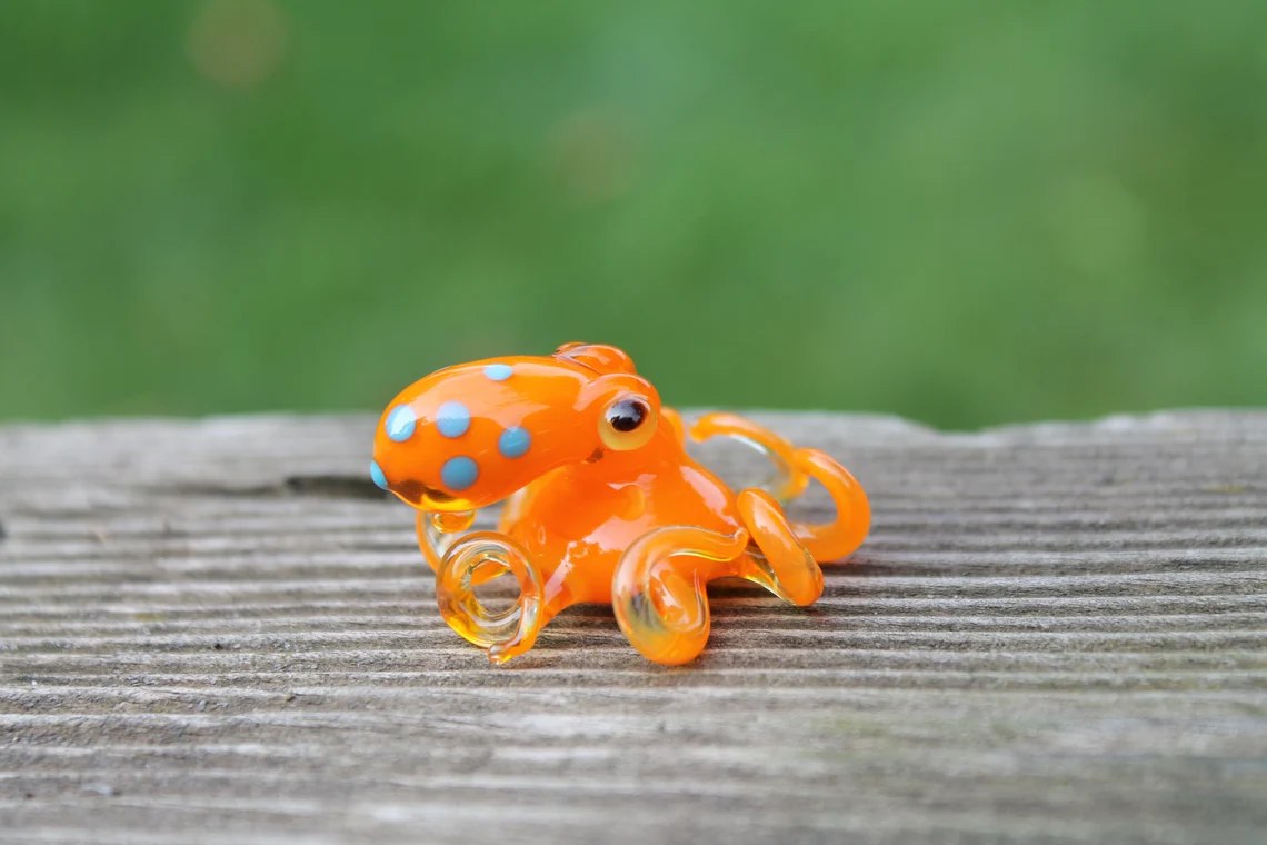 Handmade Orange Glass Octopus Figurine With Blue Dots, Miniature Art