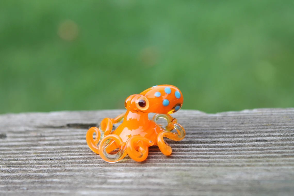 Handmade Orange Glass Octopus Figurine With Blue Dots, Miniature Art