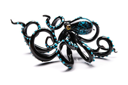 Handmade Blue Blown Glass Octopus, Octopus Sculpture Crafted Art