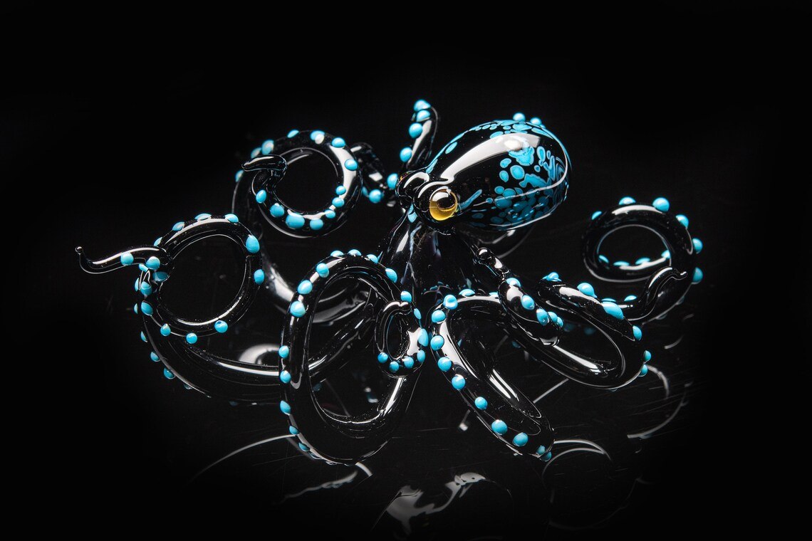 Handmade Blue Blown Glass Octopus, Octopus Sculpture Crafted Art