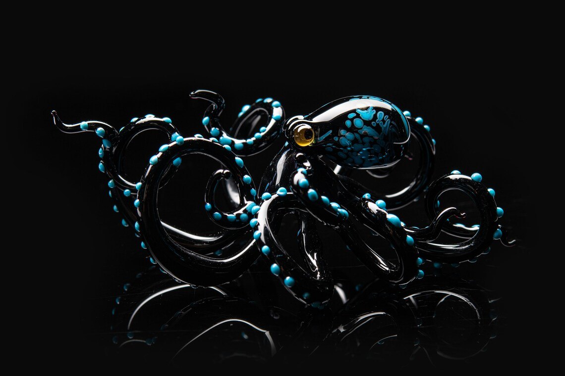 Handmade Blue Blown Glass Octopus, Octopus Sculpture Crafted Art