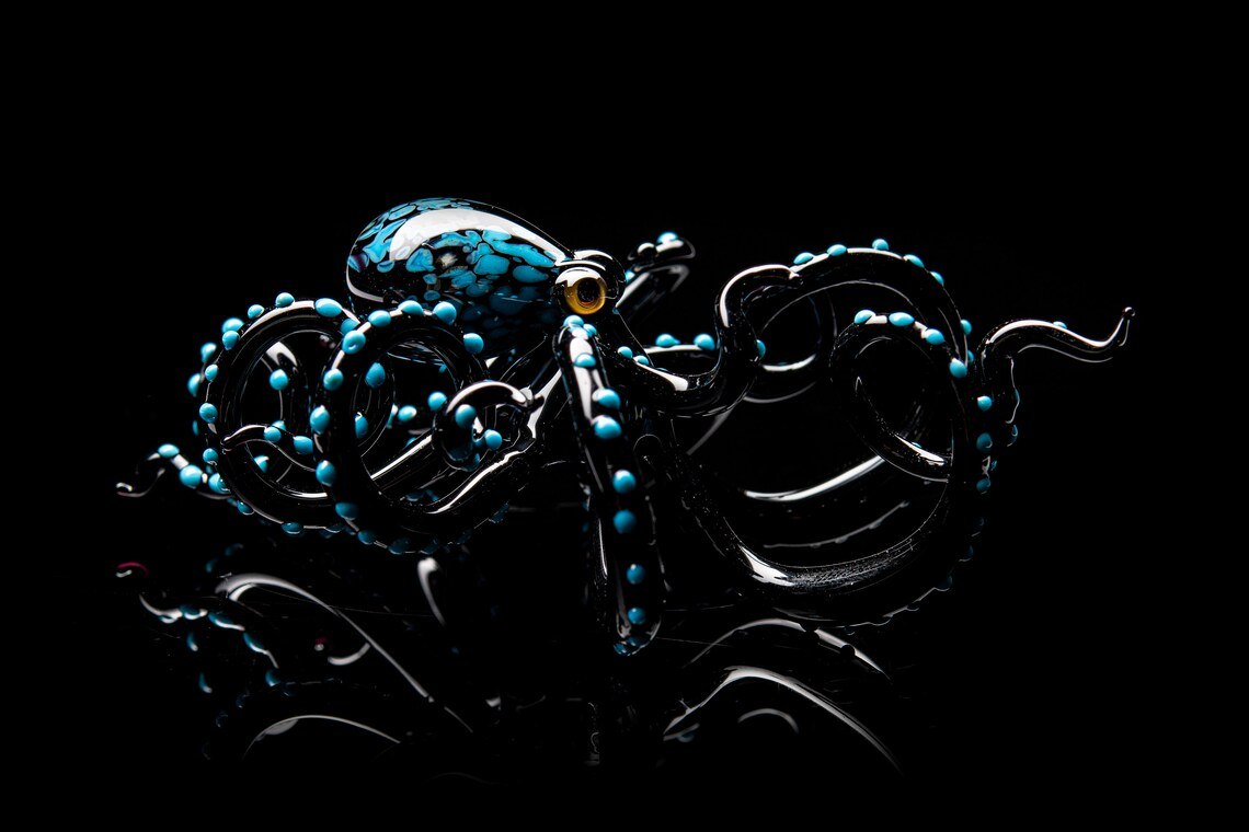 Handmade Blue Blown Glass Octopus, Octopus Sculpture Crafted Art