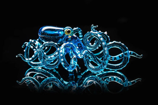 Large Blue Glass Octopus Figurine, Handmade Sea Life Marine Sculpture