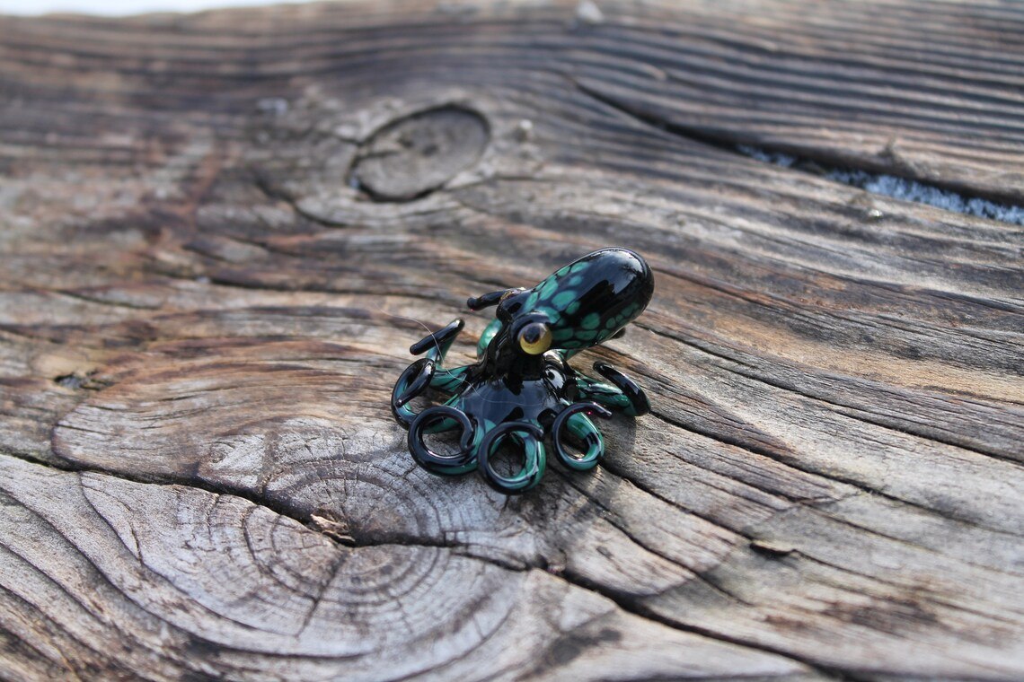 Black Green Blown Glass Octopus Handmade Black And Green Glass Octopus Figurine - Marine Life Art