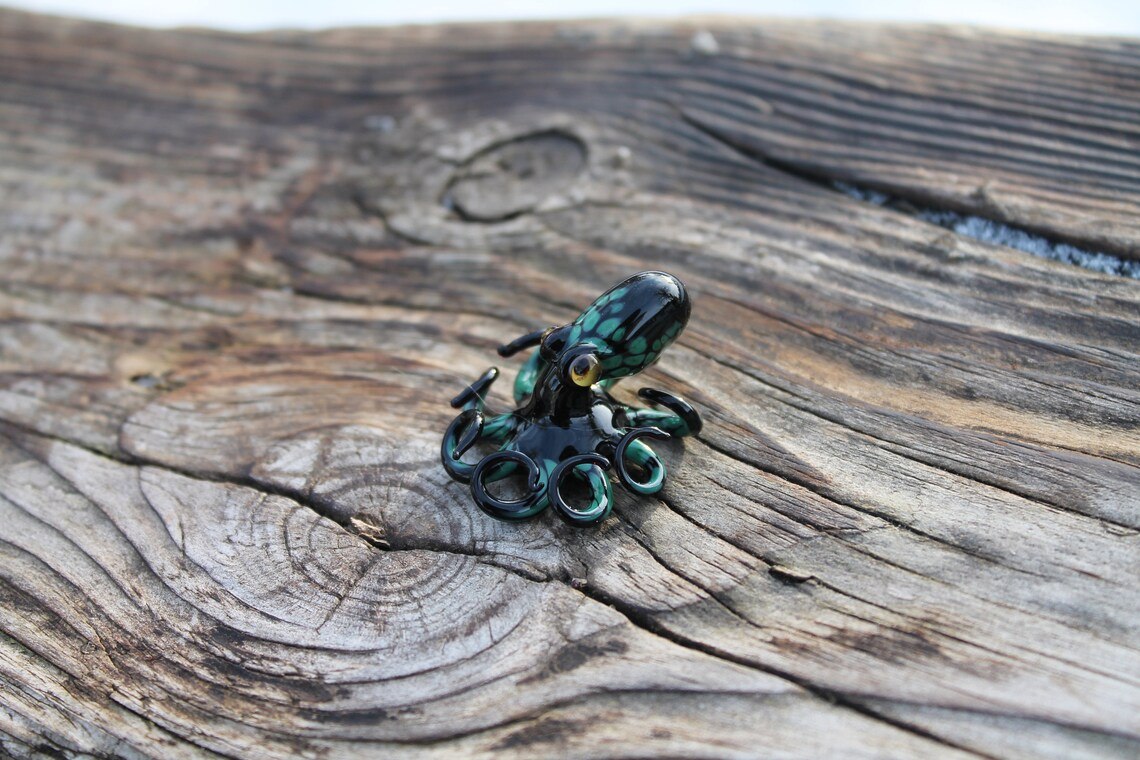Black Green Blown Glass Octopus Handmade Black And Green Glass Octopus Figurine - Marine Life Art
