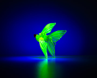 Mini Uranium Glass Fish UV Glow Lampwork Figurine Handmade Angelfish Green Blacklight Art Collectible