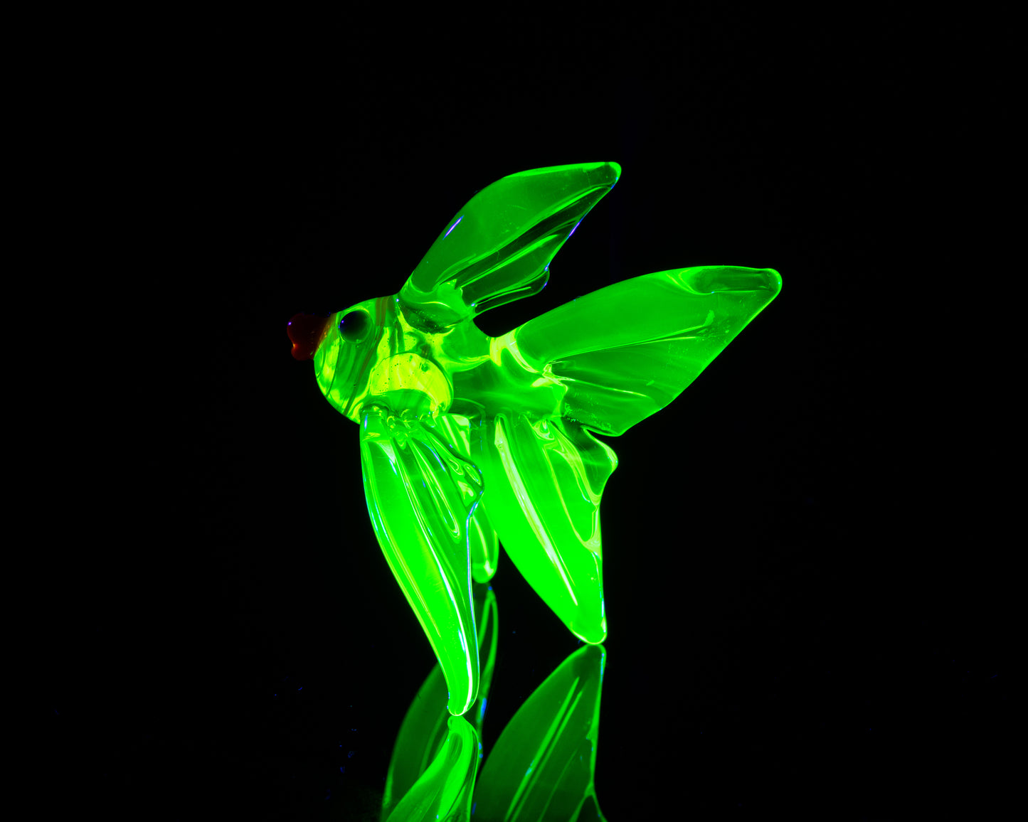 Mini Uranium Glass Fish UV Glow Lampwork Figurine Handmade Angelfish Green Blacklight Art Collectible