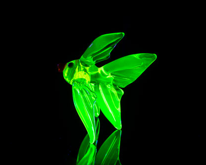 Mini Uranium Glass Fish UV Glow Lampwork Figurine Handmade Angelfish Green Blacklight Art Collectible
