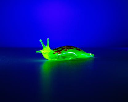 Bronze Red Mini Uranium Glass Slug Figurine UV Reactive Green Hand Blown Lampwork Animal Art Collectible Gift
