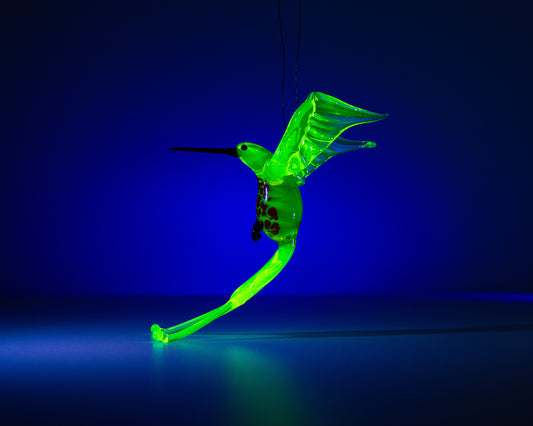 Bronze Green Red Uranium Glass Hummingbird Pendant Glowing UV Bird Figurine Handmade Lampwork Hanging Miniature