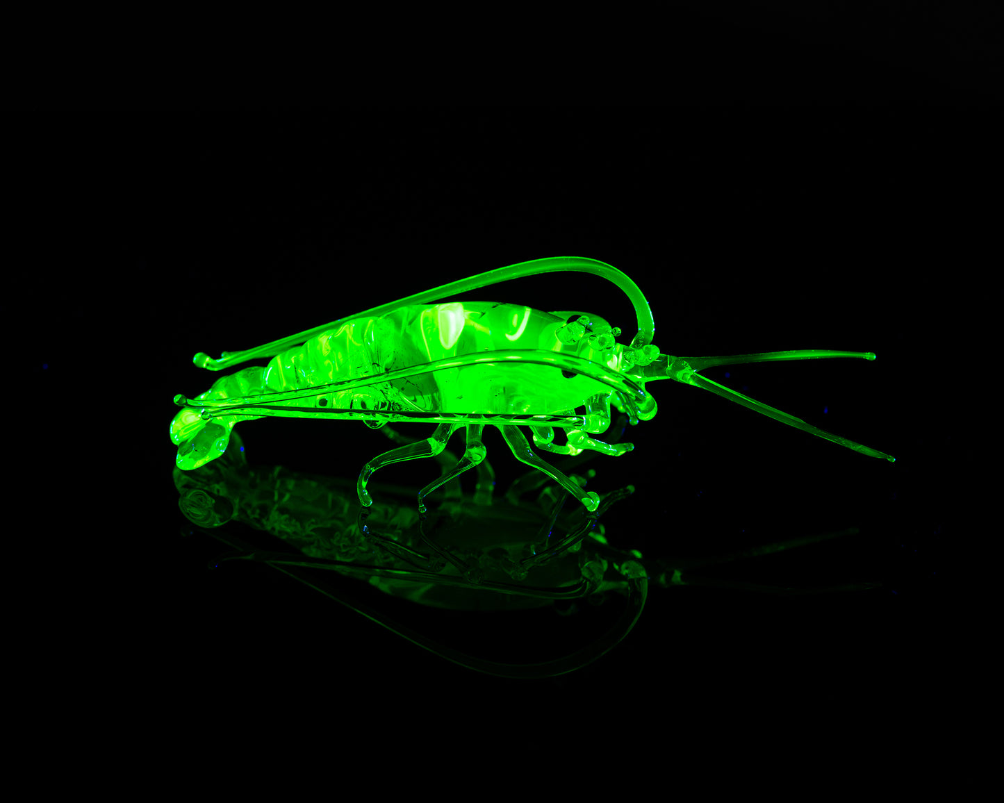 Glowing Uranium Glass Shrimp – Handcrafted Lampwork Miniature, UV Reactive Art