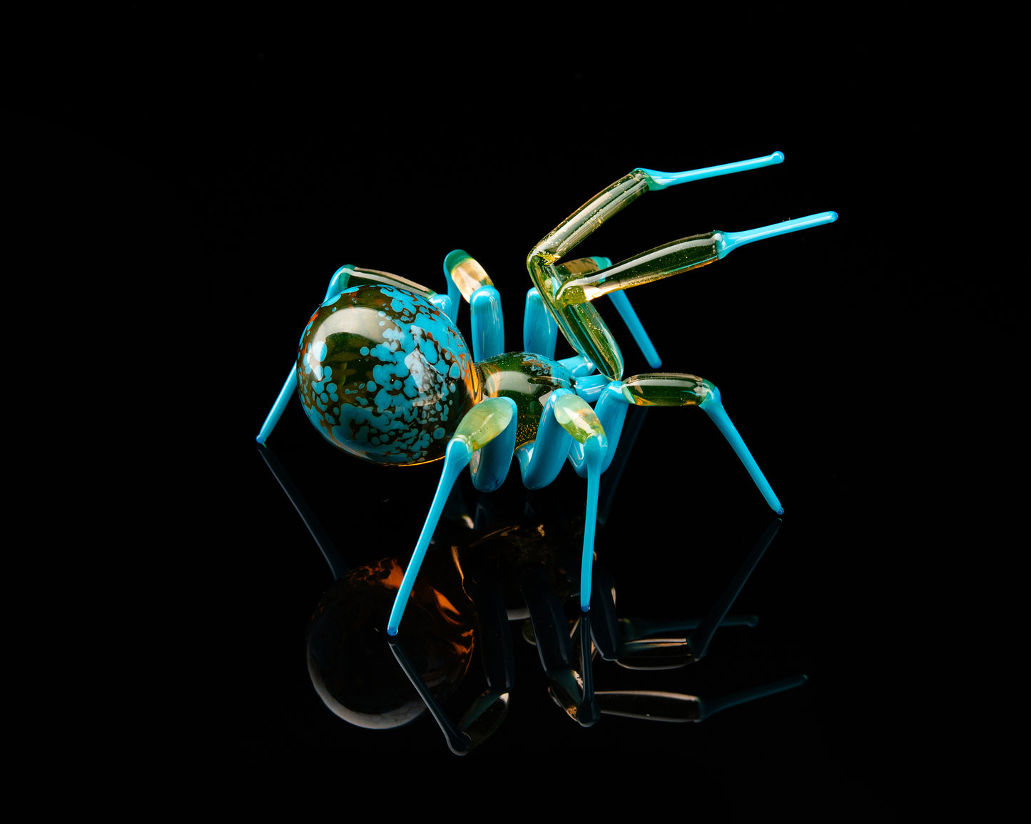 Bronze Blue Orange Uranium Glass Spider Figurine – Miniature Insect – Sci-Fi Glow in the Dark Sculpture – Handmade Lampwork