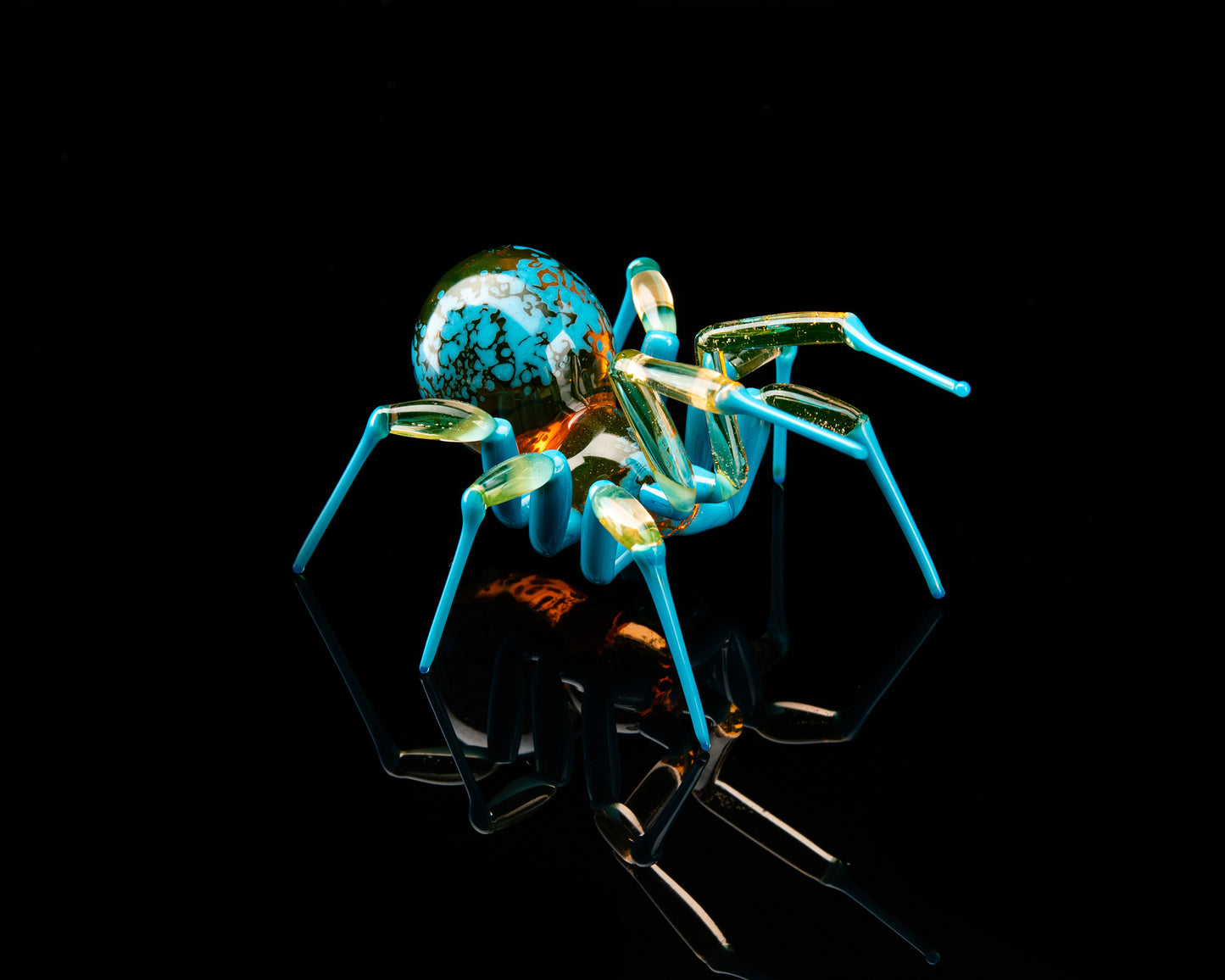 Bronze Blue Orange Uranium Glass Spider Figurine – Miniature Insect – Sci-Fi Glow in the Dark Sculpture – Handmade Lampwork