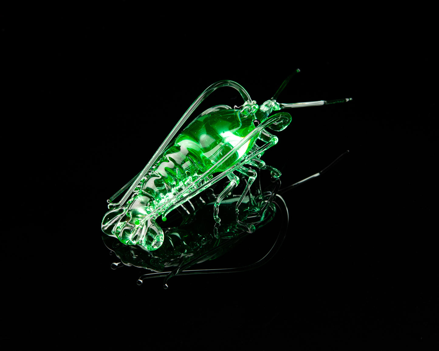 Glowing Uranium Glass Shrimp – Handcrafted Lampwork Miniature, UV Reactive Art