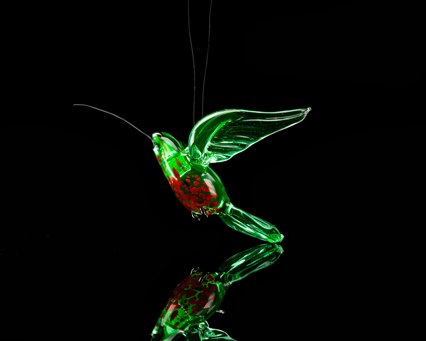 Green Red Uranium Glass Hummingbird Pendant Glowing UV Bird Figurine Handmade Lampwork Hanging Miniature