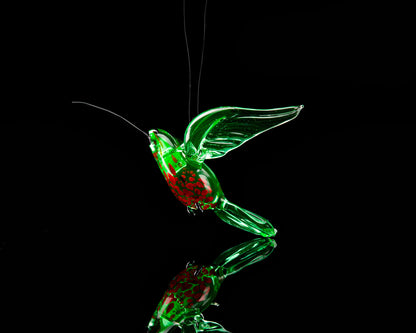 Green Red Uranium Glass Hummingbird Pendant Glowing UV Bird Figurine Handmade Lampwork Hanging Miniature