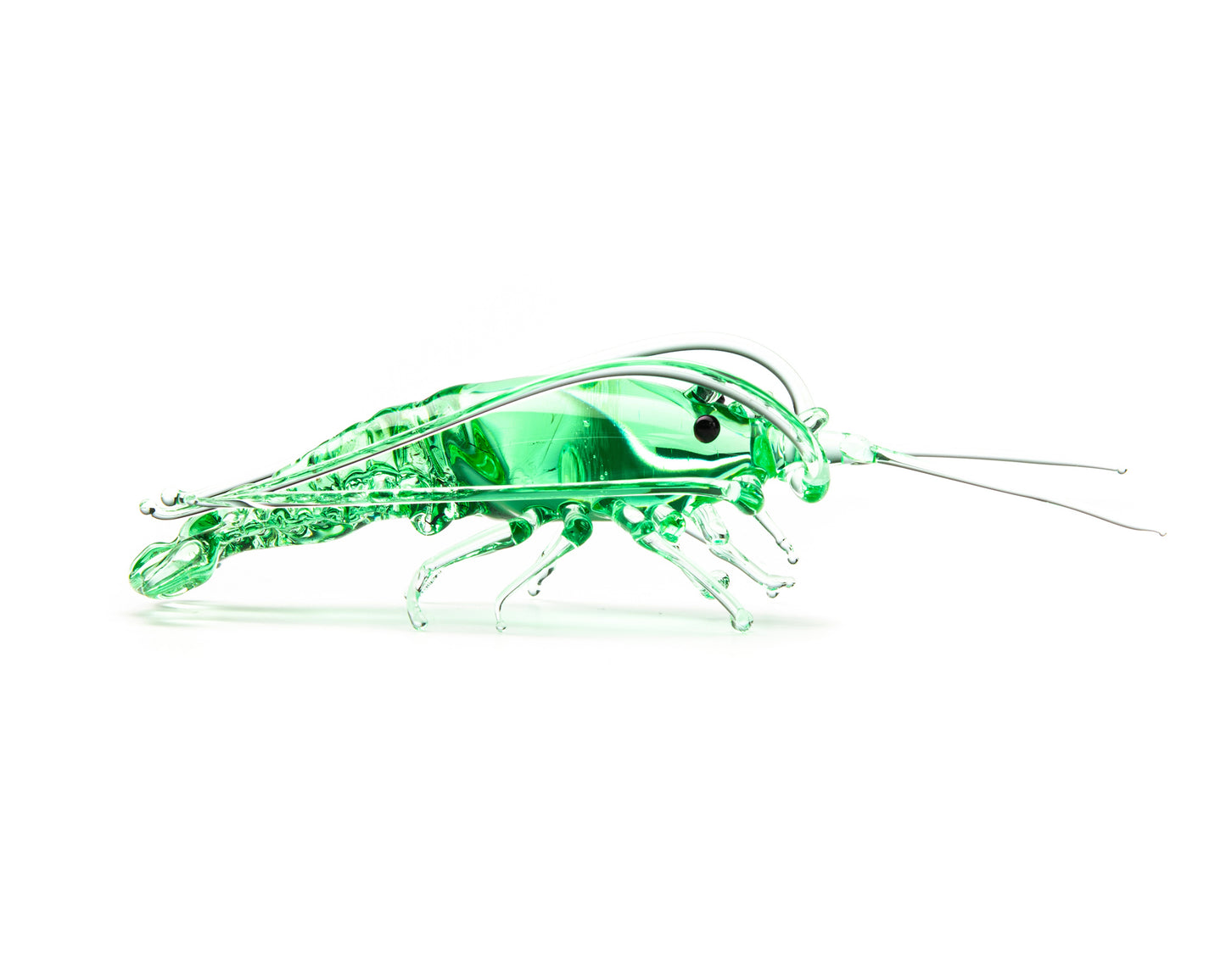 Glowing Uranium Glass Shrimp – Handcrafted Lampwork Miniature, UV Reactive Art