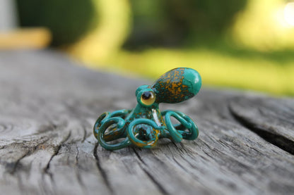 Handmade Glass Octopus Figurine Green With Golden Sea Animal