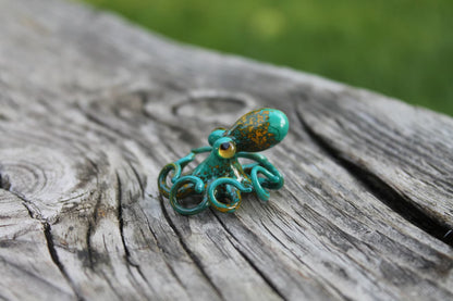 Handmade Glass Octopus Figurine Green With Golden Sea Animal