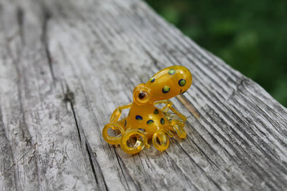 Handmade Yellow Glass Octopus Figurine With Colorful Spots Sea Art 3cm