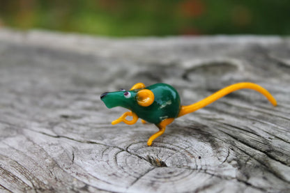 Green And Yellow Glass Rat Figurine – Handcrafted Murano Miniature