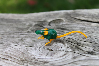 Green And Yellow Glass Rat Figurine – Handcrafted Murano Miniature