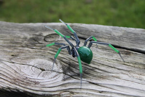 Green Grey Art Glass Spider Figurine, Blown Glass Spider