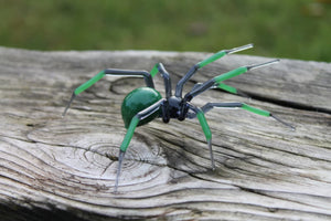 Green Grey Art Glass Spider Figurine, Blown Glass Spider