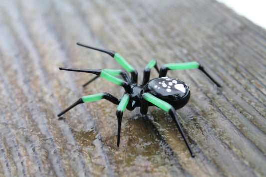 Hand Blown Glass Spider Figurine With Green Legs And Black Body