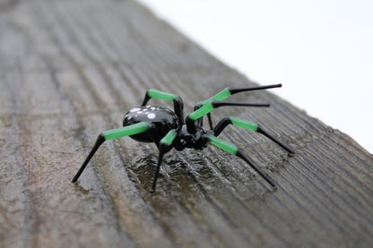 Hand Blown Glass Spider Figurine With Green Legs And Black Body