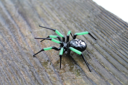 Hand Blown Glass Spider Figurine With Green Legs And Black Body