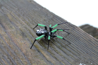 Hand Blown Glass Spider Figurine With Green Legs And Black Body