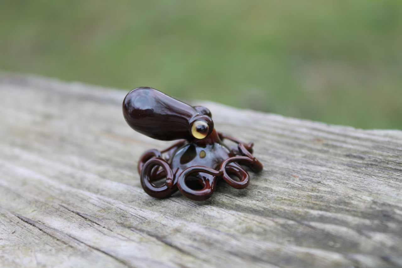 Handmade Dark Brown Glass Octopus Figurine Miniature Sea Animal Decor