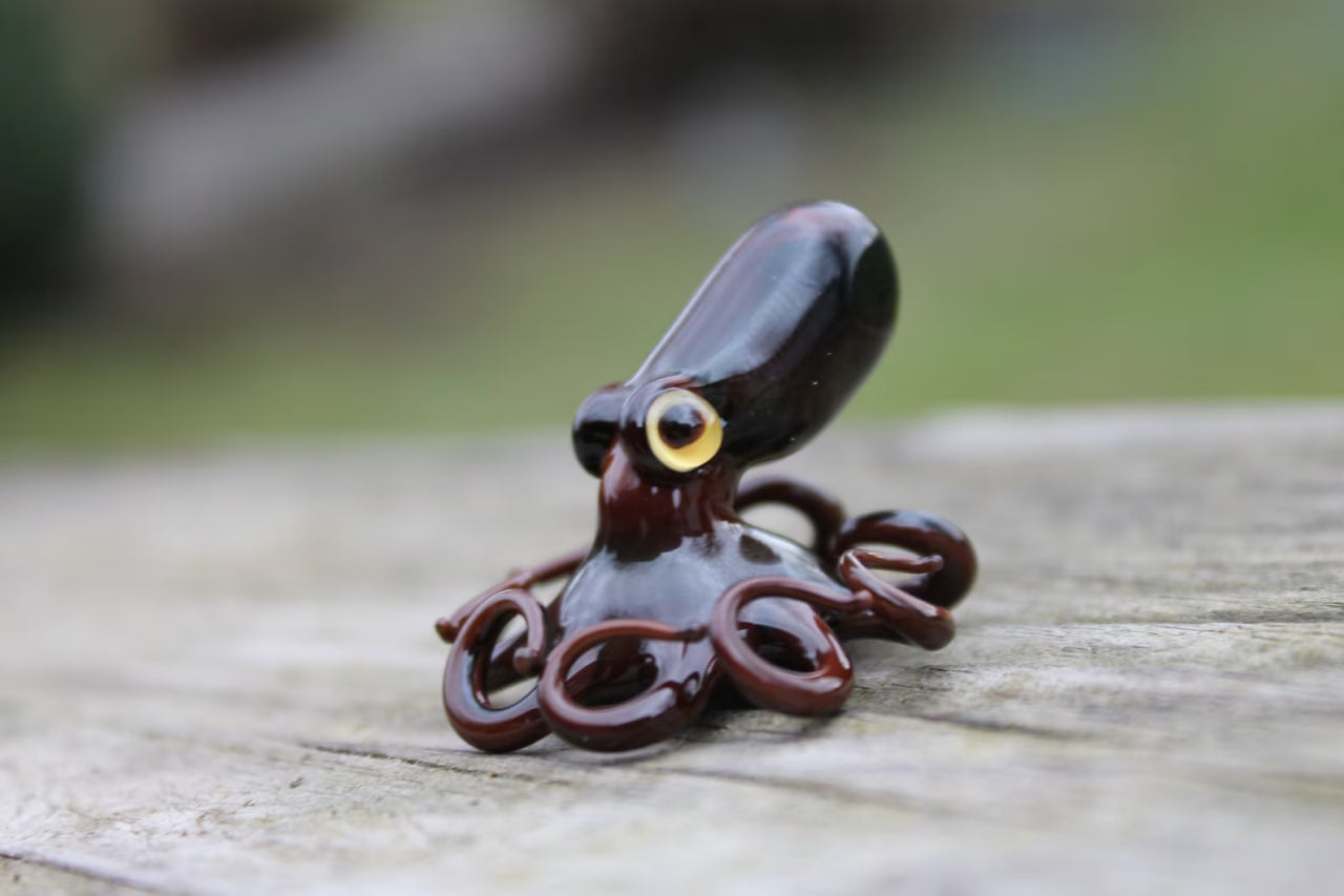Handmade Dark Brown Glass Octopus Figurine Miniature Sea Animal Decor