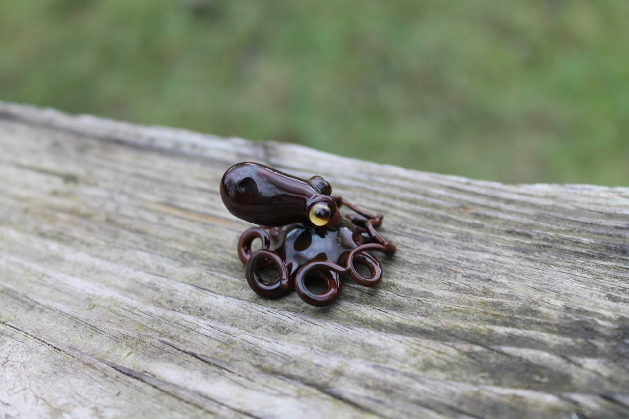 Handmade Dark Brown Glass Octopus Figurine Miniature Sea Animal Decor