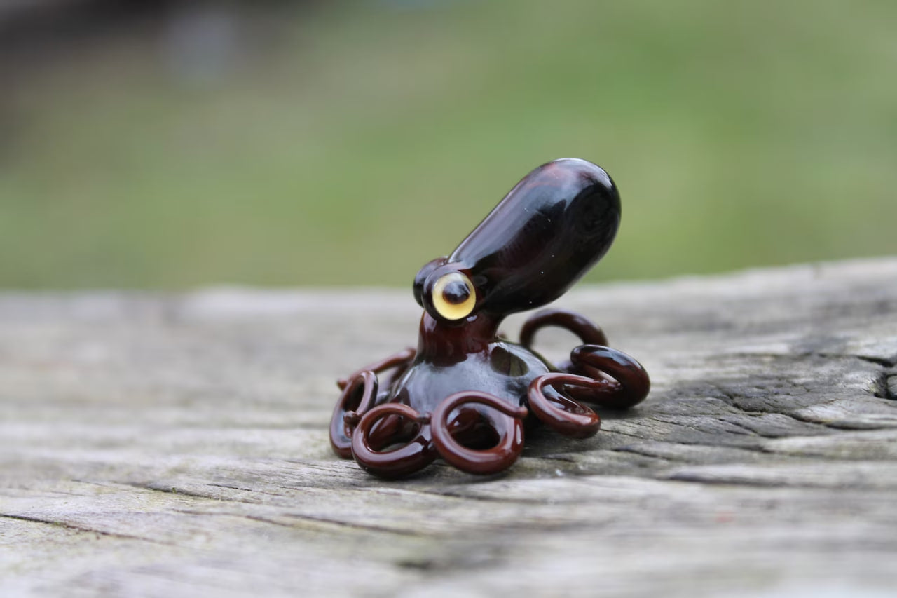 Handmade Dark Brown Glass Octopus Figurine Miniature Sea Animal Decor