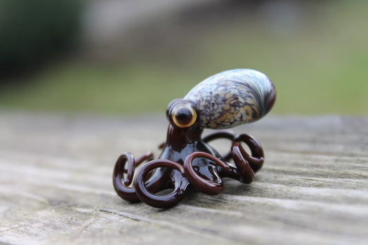Brown-Blue Miniature Glass Octopus Figurine Brown Ocean Animal Miniature Handmade Sculpture