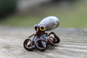 Brown-Blue Miniature Handmade Glass Octopus Figurine, a Beautiful and Creative Glass Art Piece