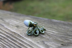 Olive Green Light Blue  Miniature Handmade Glass Octopus Figurine, a Beautiful and Creative Glass Art Piece