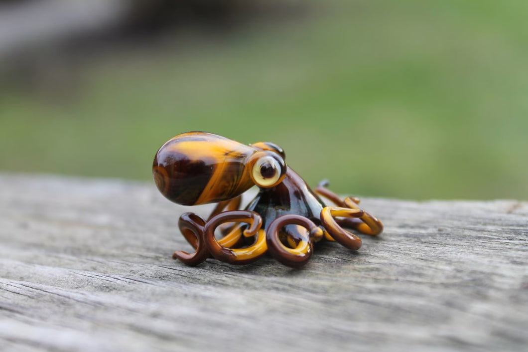 Brown Miniature Handmade Glass Octopus Figurine, a Beautiful and Creative Glass Art Piece