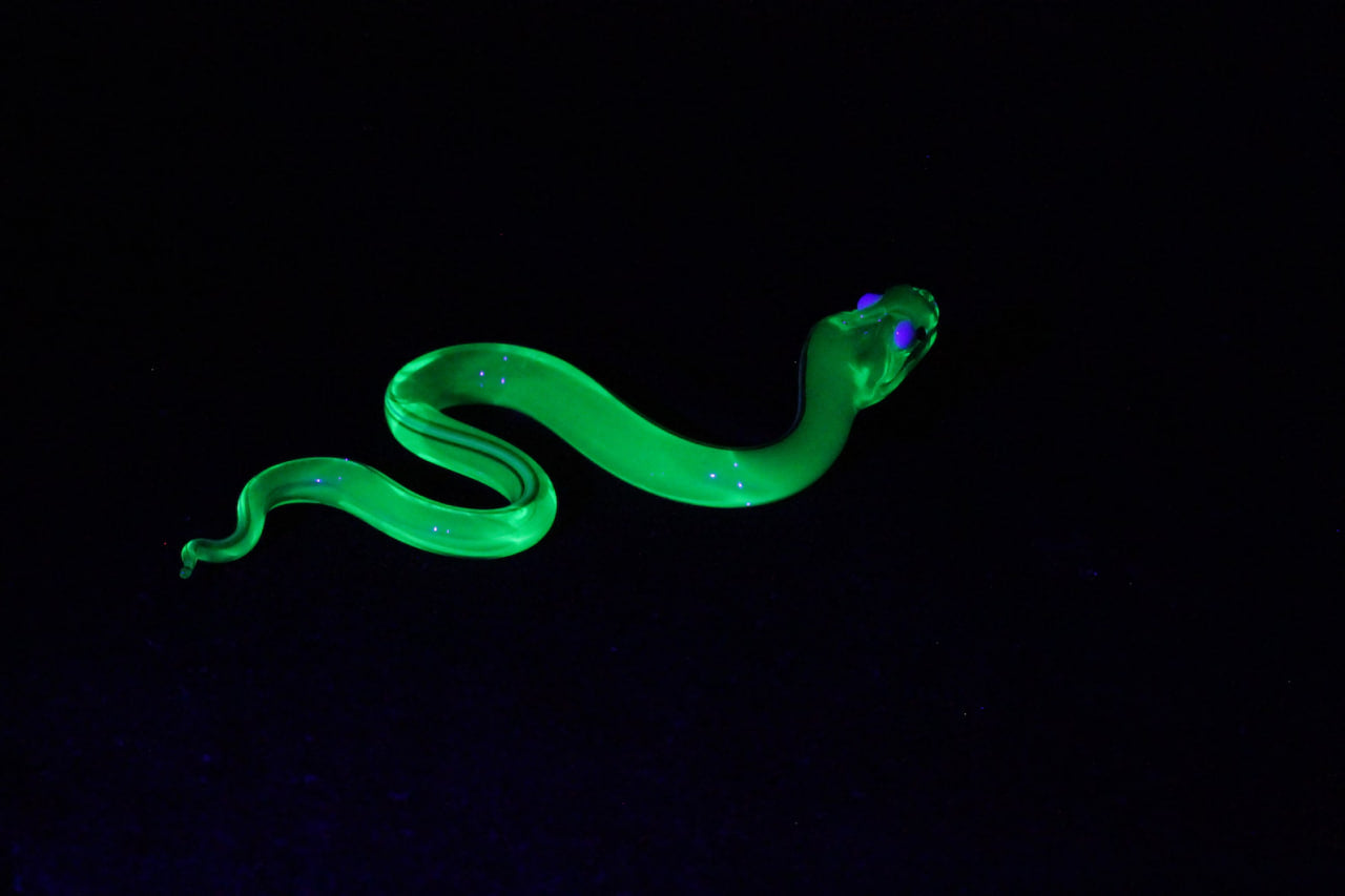 Neon Green Snake Figurine in Uranium Glass – Unique UV Decor