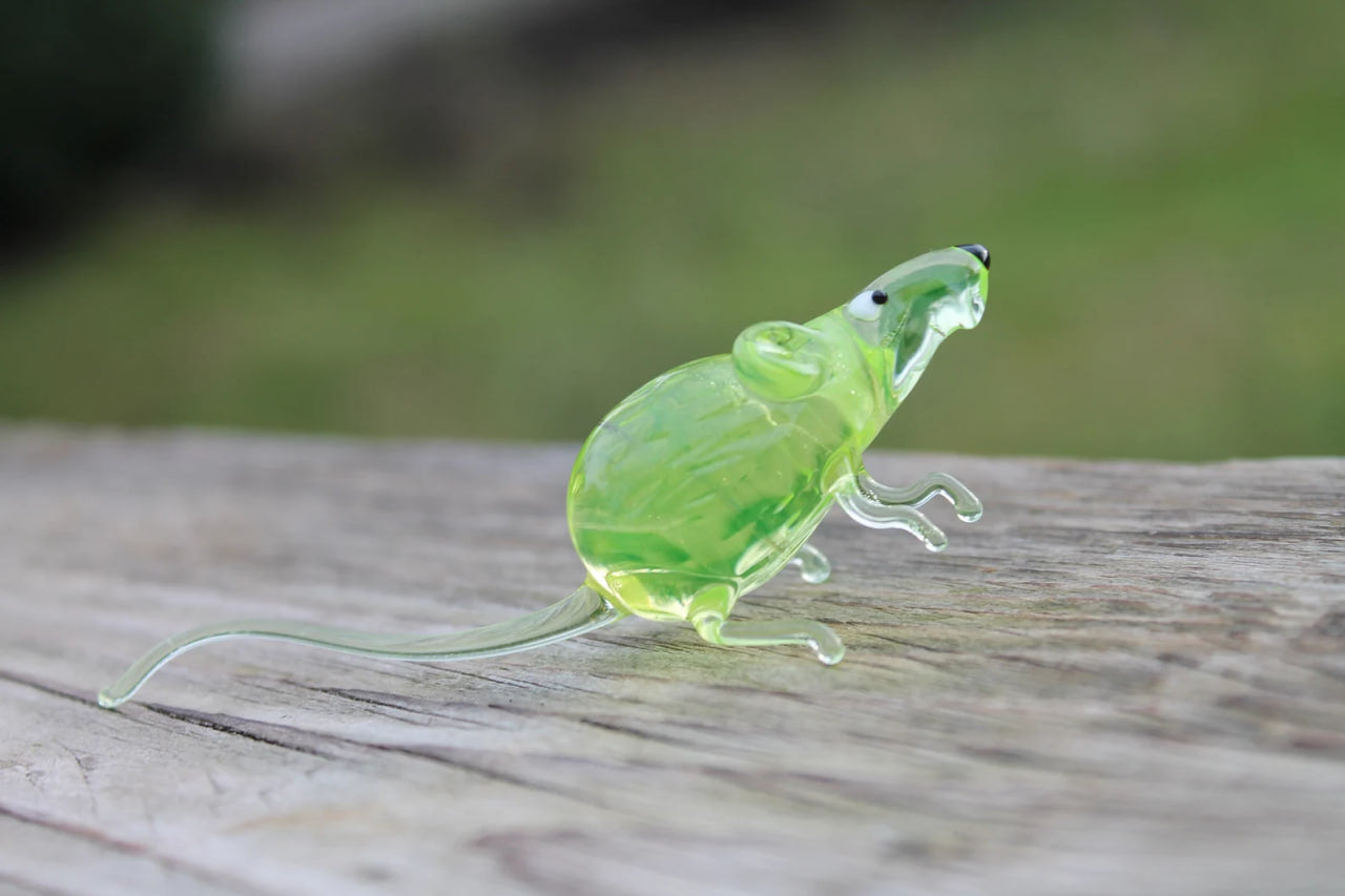 Lampwork Uranium Glass Rat | Glows Under UV | Unique Mouse Sculpture