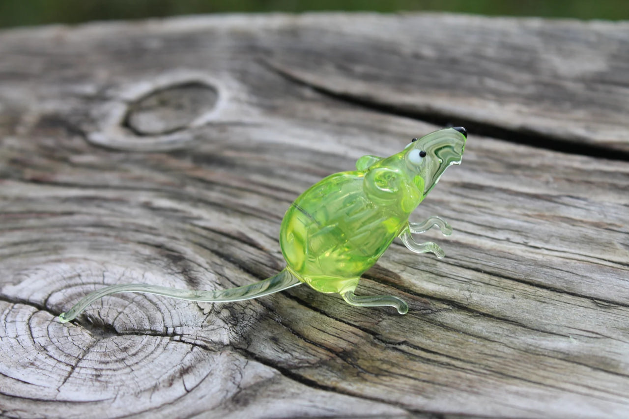 Lampwork Uranium Glass Rat | Glows Under UV | Unique Mouse Sculpture
