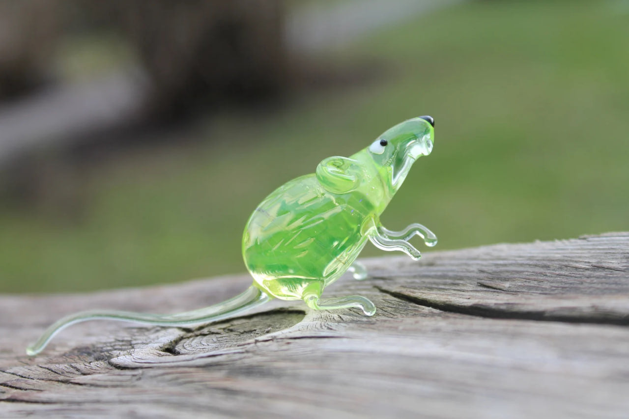 Lampwork Uranium Glass Rat | Glows Under UV | Unique Mouse Sculpture