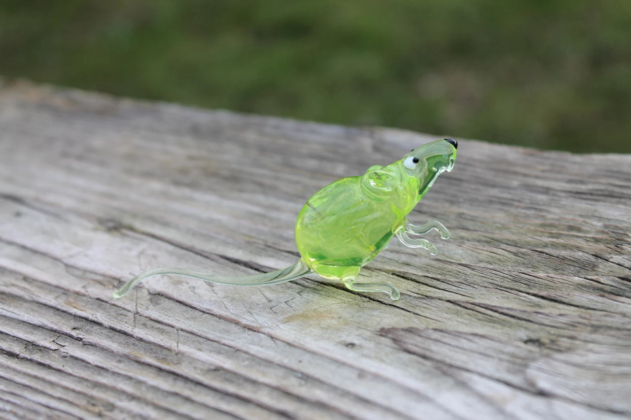 Lampwork Uranium Glass Rat | Glows Under UV | Unique Mouse Sculpture