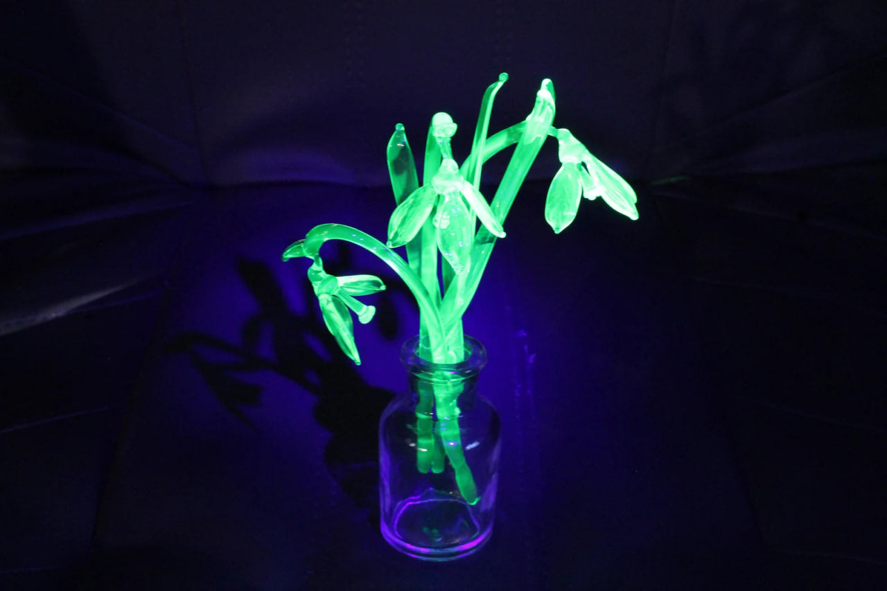 Uranium Glass Snowdrops Sculpture – Glowing Lampwork Flowers – Handmade Glass Bouquet
