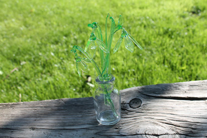 Uranium Glass Snowdrops Sculpture – Glowing Lampwork Flowers – Handmade Glass Bouquet