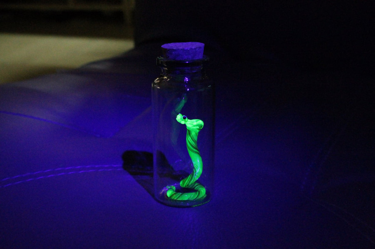 Uranium Glass Snake in Jar Glowing Snake Figurine Miniature Terrarium Art