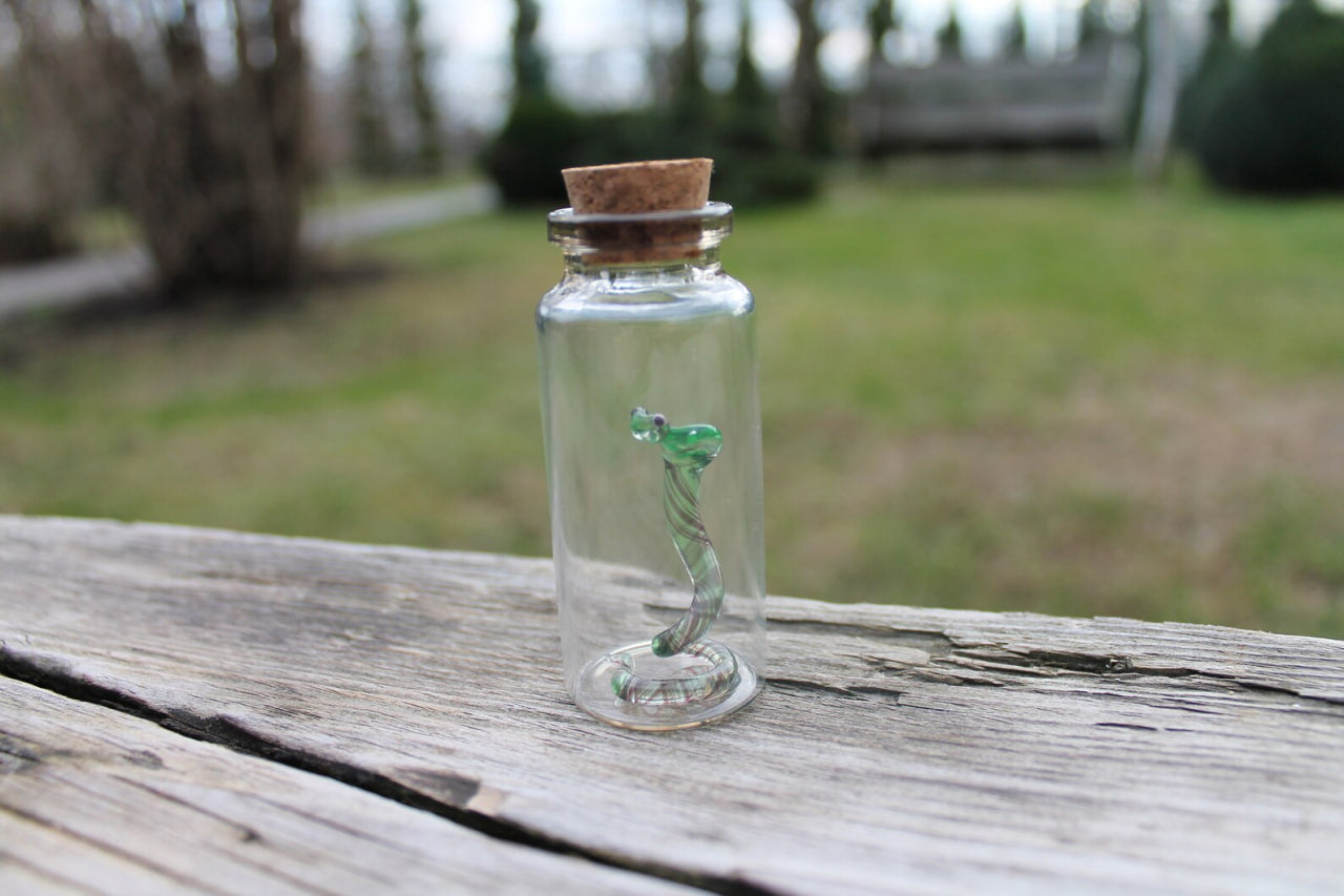 Uranium Glass Snake in Jar Glowing Snake Figurine Miniature Terrarium Art