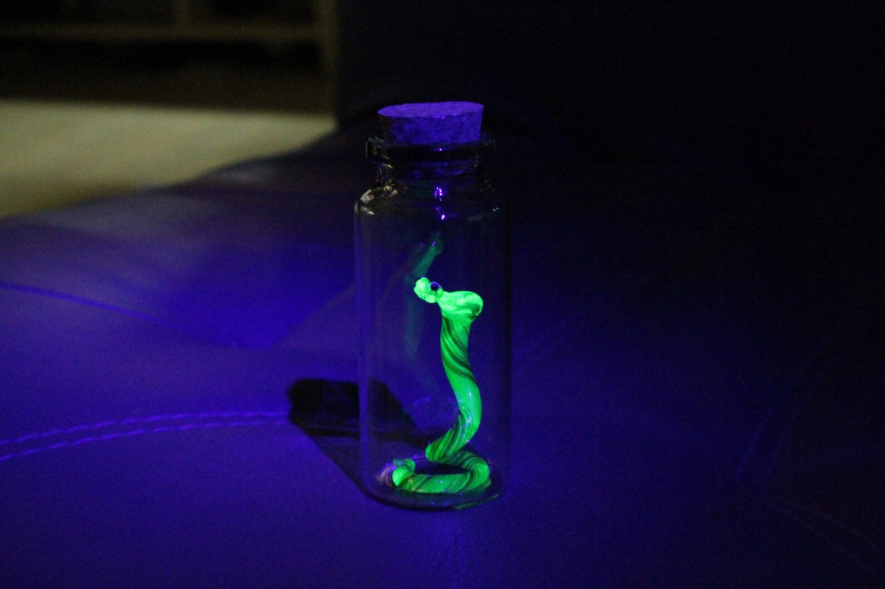 Uranium Glass Snake in Jar Glowing Snake Figurine Miniature Terrarium Art